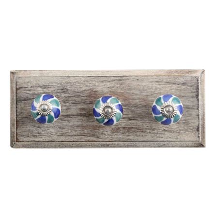 Blue Green Flower Ceramic Wooden Hooks